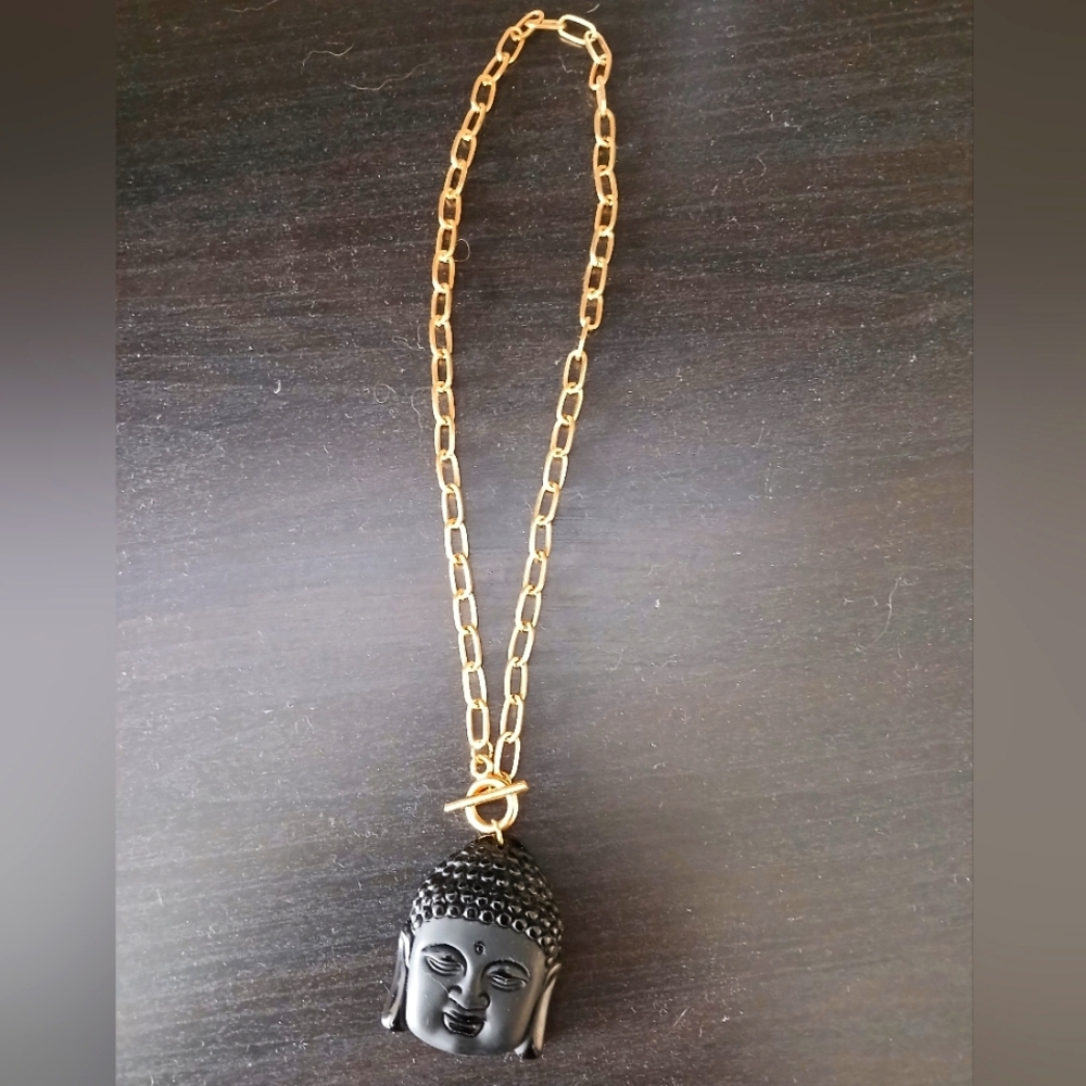 Buddha black obsidian w gold Chain Necklace